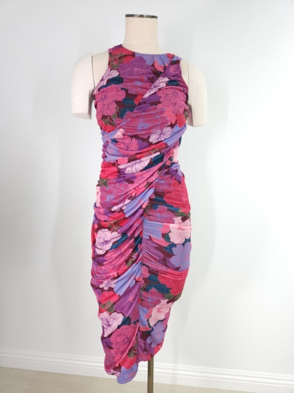 Minkpink Size Small Lexi Mesh Midi Floral Bodycon Ruched Cocktail Dress